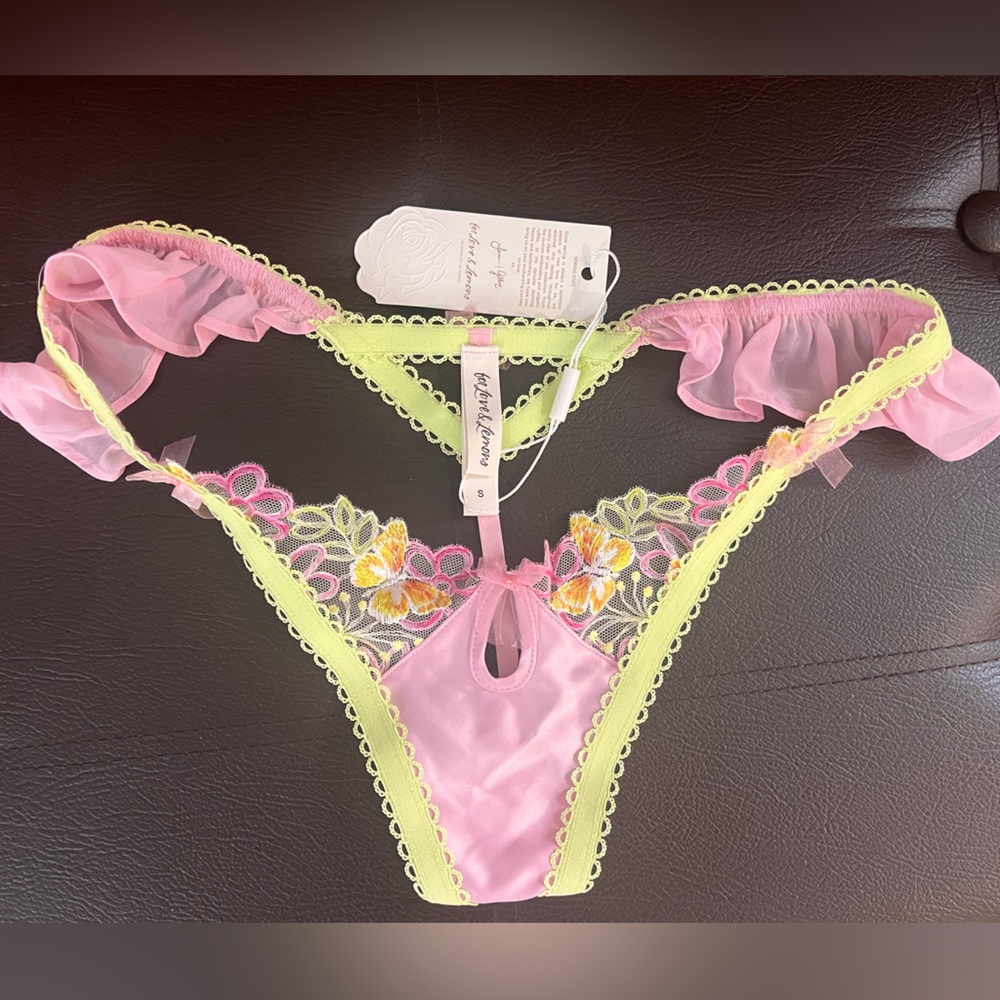 For Love & Lemons Pink and Lime Floral Embroidered Satin Thong Panty